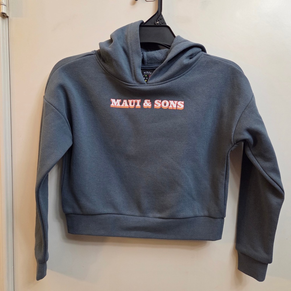 Maui and Sons Girls Blue Gray Cropped Graphic Hoodie Sweatshirt Size XS 4-5